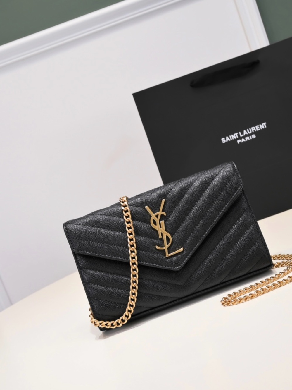 SL Matte Black Quilted Chain Crossbody Wallet